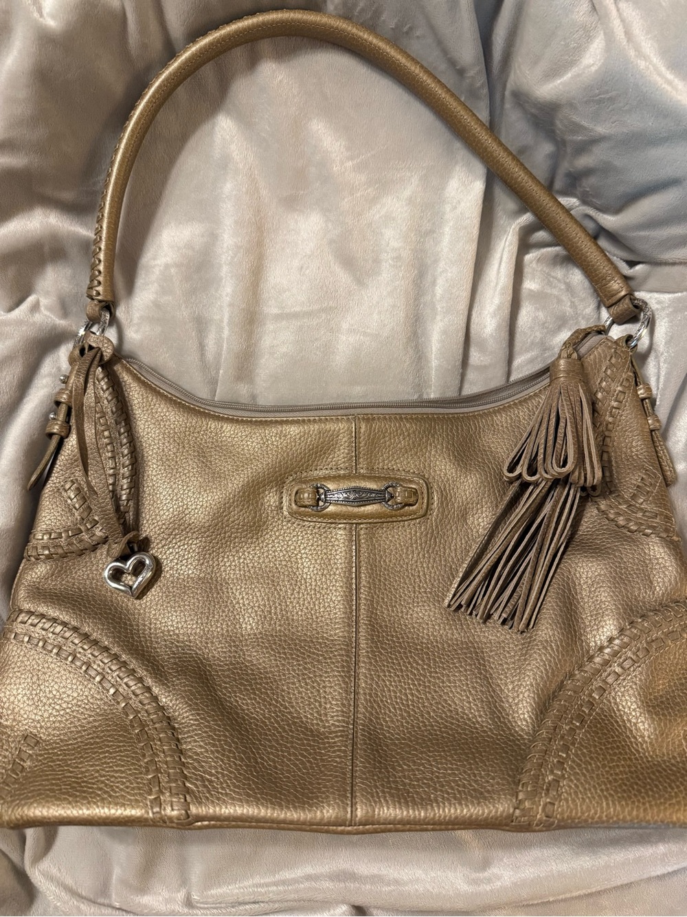 Brighton Brand, Beautiful Metallic Gold Pebbled Leather w/Tassel & Heart Charm